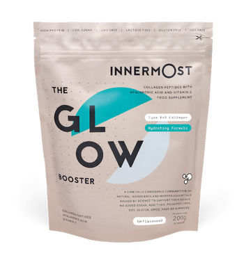 The Glow Booster. This product contains three of the most powerful, skin-nourishing ingredients backed by science including hydrolysed collagen peptides, hyaluronic acid and vitamin C. Developed to promote skin elasticity, smooth appearance and increase radiance. 