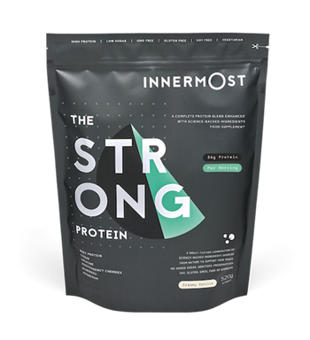 The front of The Strong Protein packaging.